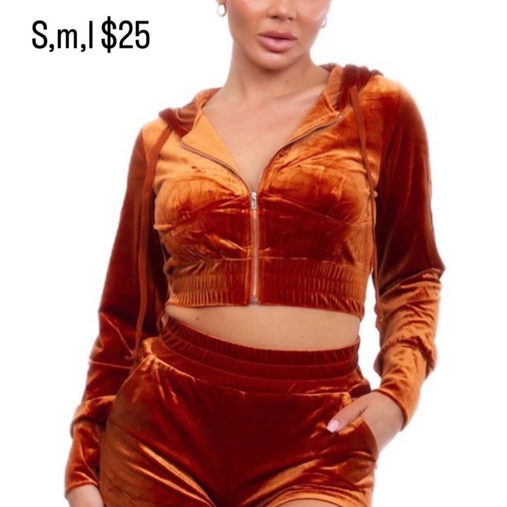 Velvet Cropped Hoodie and Shorts Set - Orange